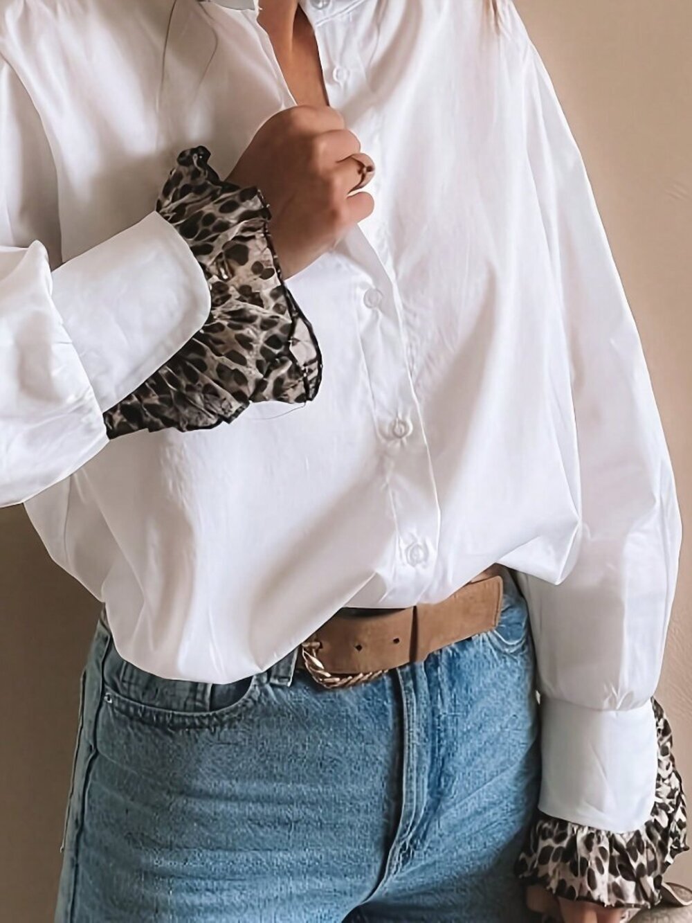 White Casual Women's Leopard Print Splice Collar Shirt - Picture 4 of 6